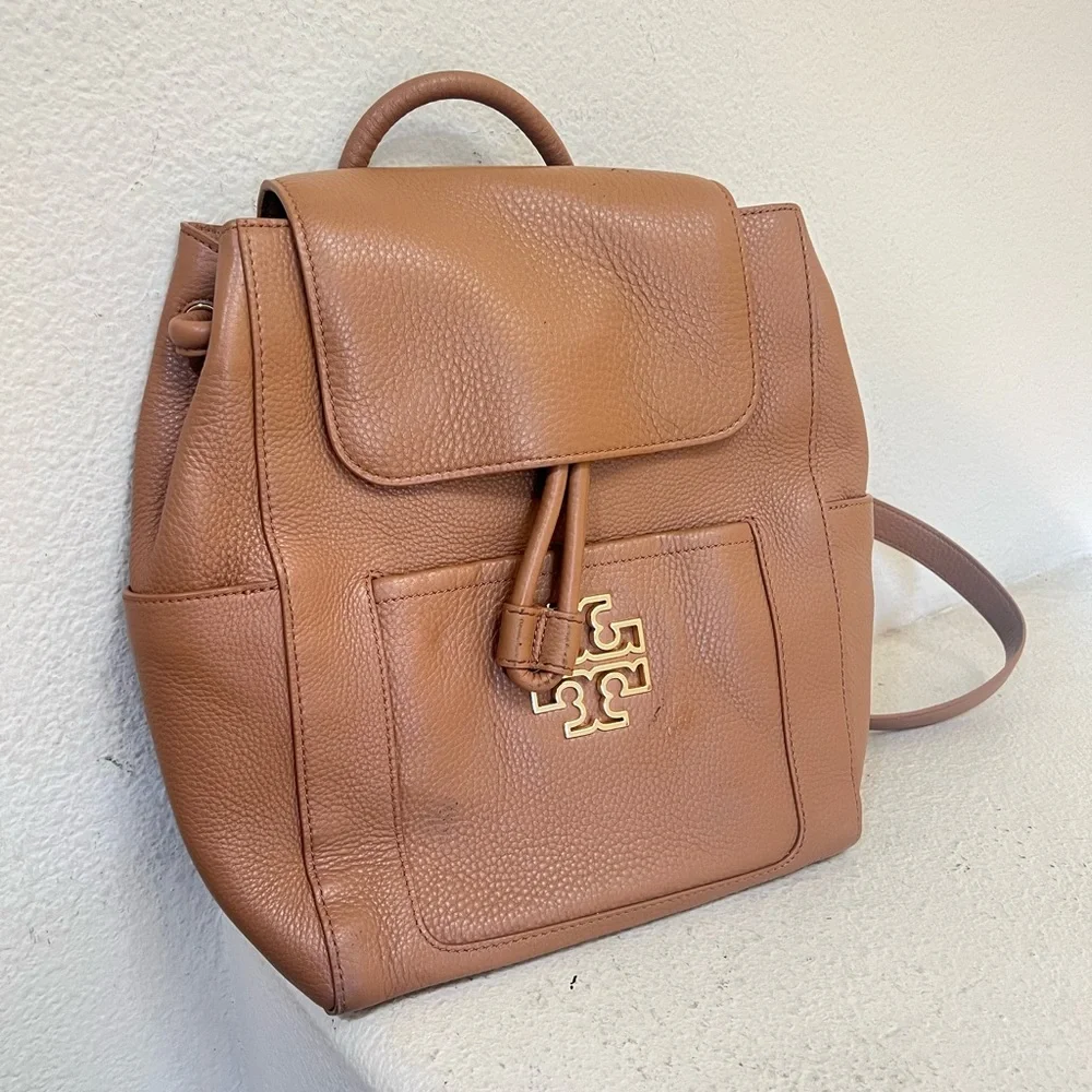 Tory Burch Britten Leather tan‎ brown Large Backpack  classic casual work